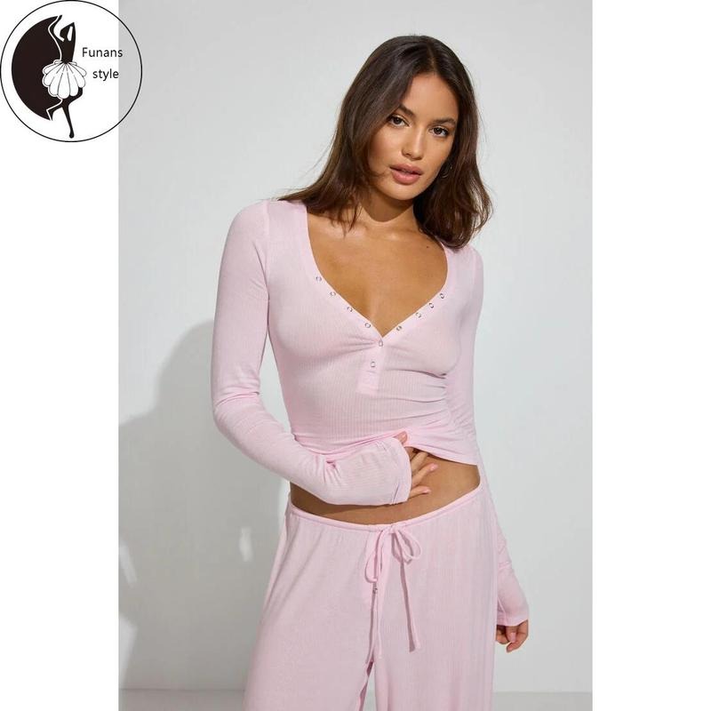 Women Solid Ribbed Henley TopsFit Button-up V Neck Long Sleeve Crop Fall Shirts Hoodie Sweatshirt | PrintMintTees.com