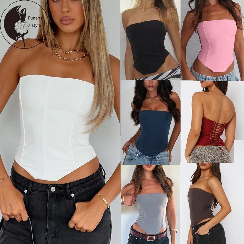 Women Solid Tube TopsTie Back Off Shoulder Sleeveless Crop Shirts Trendy Summer Streetwear Hoodie Sweatshirt