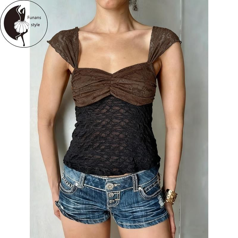 Women Summer Basic Lace T-Shirt Casual Contrast Color Cap Sleeve Tops for Streetwear Aesthetic Grunge Clothes Hoodie...