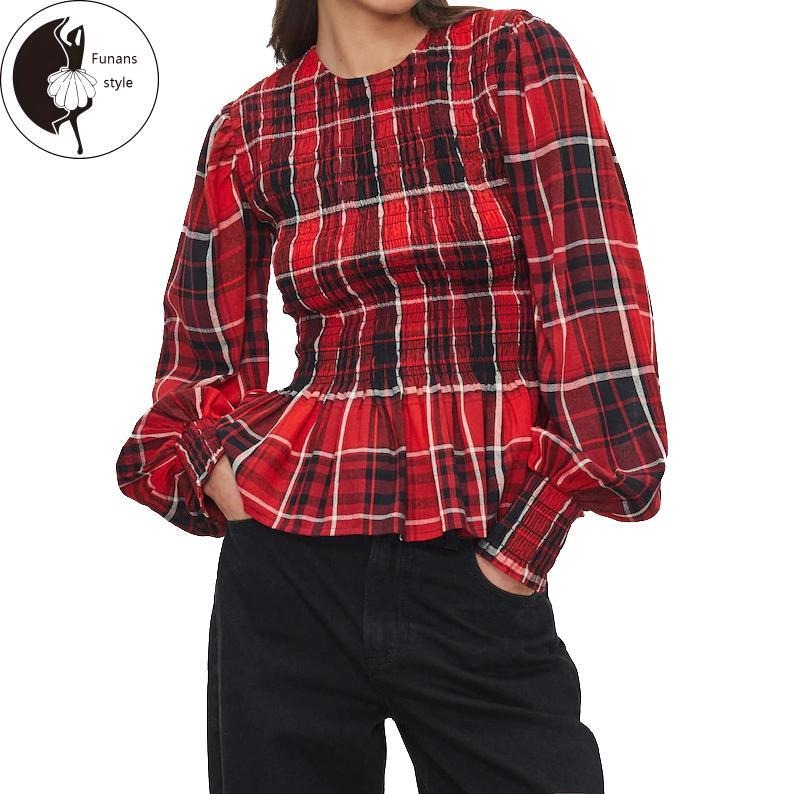 Women T-shirt Elegant Long Sleeve Crew Neck Pleated Ladies Plaid Tops Fall Streetwear Hoodie Sweatshirt | PrintMintTees.com