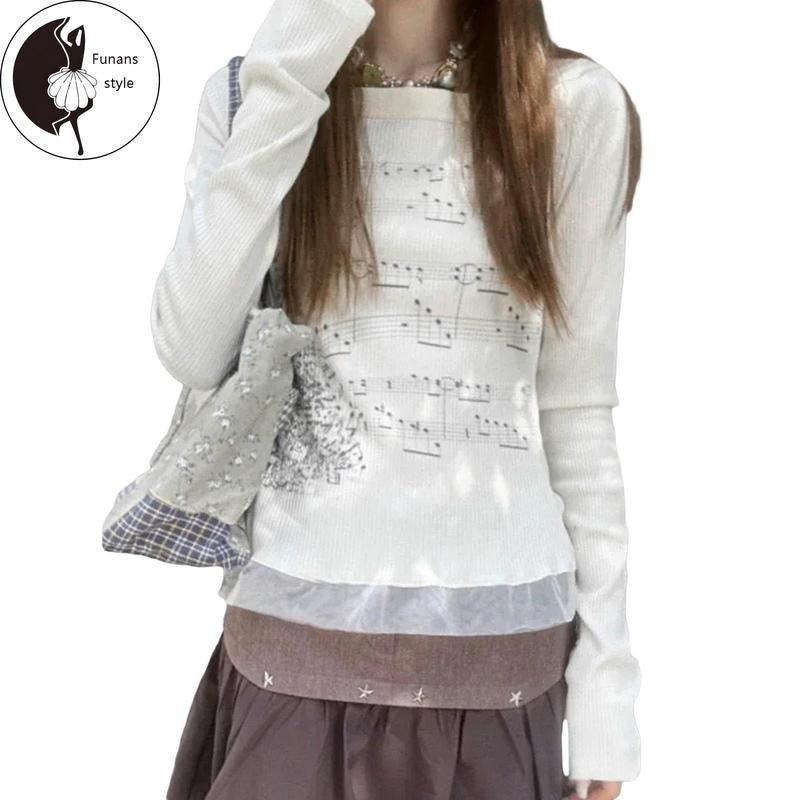 Women T-shirt Long Sleeve Boat Neck Music Note Print PatchworkFit Ladies Tops Streetwear Hoodie Sweatshirt
