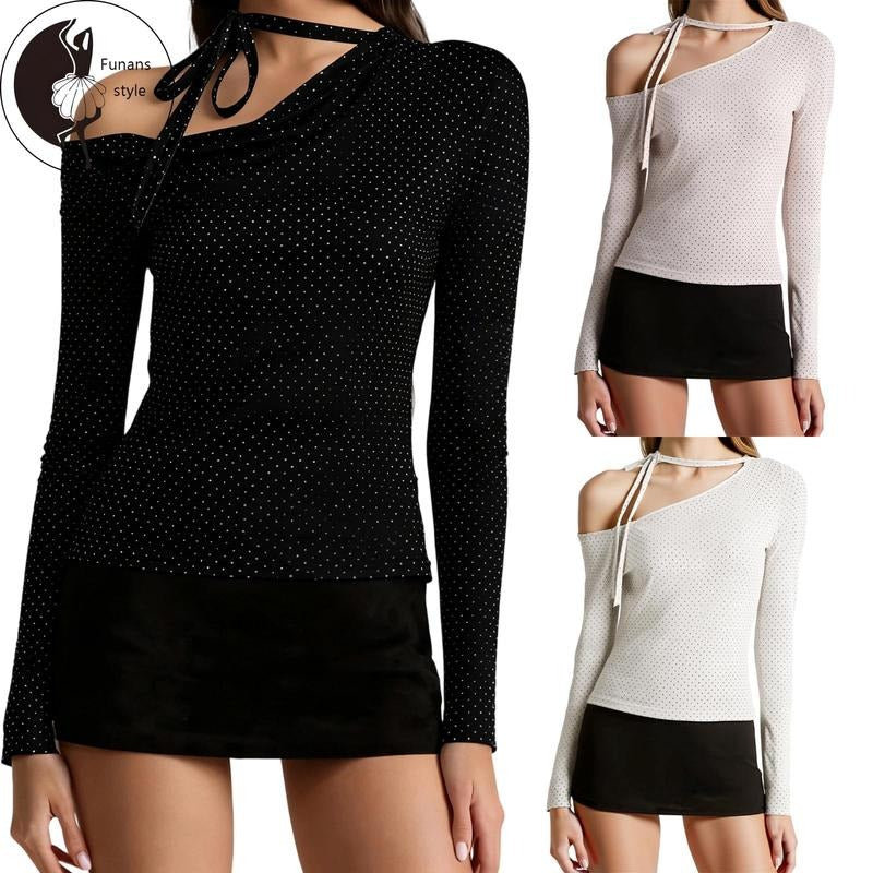 Women Tie-up Strap TopsFit Dot Print Off The Shoulder Long Sleeve T-Shirts Summer Streetwear Hoodie Sweatshirt