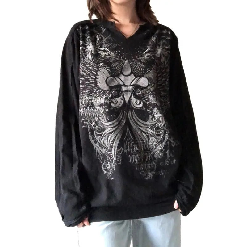 Women Y2K Fairy Grunge Sweatshirt Long Sleeve Graphic Print Oversized T-Shirt Gothic Streetwear Loose Pullover Top Hoodie
