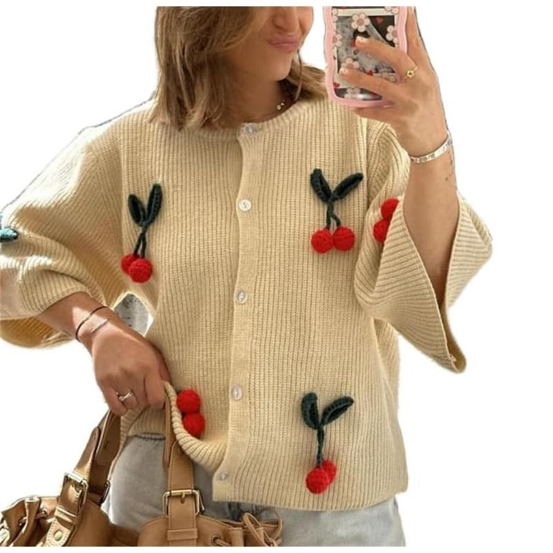 Women Y2k Cherry Decor Crop Cardigan Top Short Sleeve Button Down Loose Knitted Open Front Sweater Outwear Shirt Hoodie...