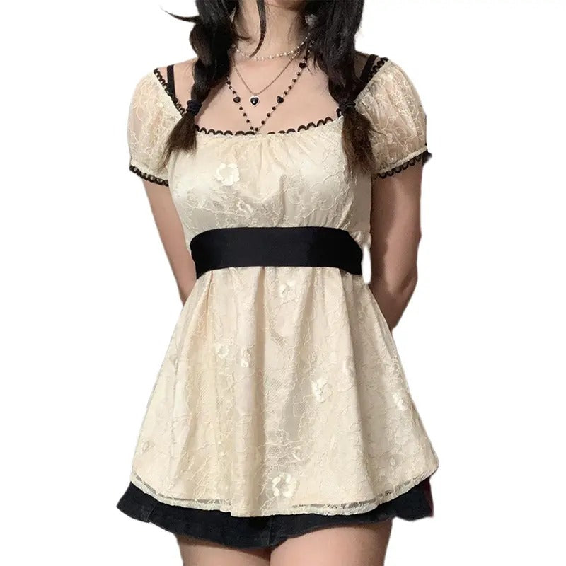 Women Y2k Girls T-shirt 90s E-girl Fairy Vintage Tee Shirt with Cute Bow Short Sleeve Lace Edge Shirt Top Party...