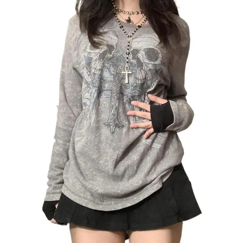 Women Y2k Gothic Graphic Shirt 90s E-Girl Vintage T-Shirt Long Sleeve Fairy Grunge Baggy Shirt Oversized Sweatshirt Party...