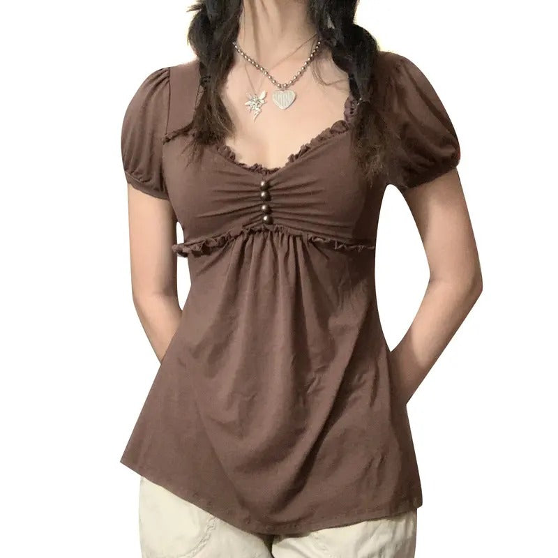 Women Y2k Vintage Shirt 90s E-Girl T-Shirt Short Bubble Sleeve Ruffle Hem Tee Shirt Top Y2k Girls Cute Shirt Party...