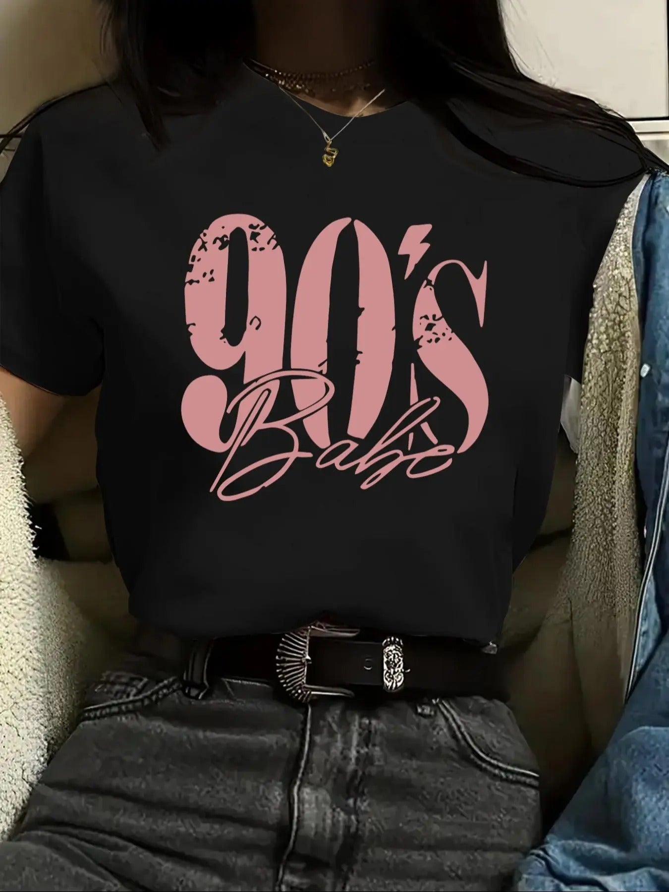 Women's " 90's Babe " Letter Print Round Neck Graphic Tee, Vintage Trendy Casual Drop Shoulder Half Sleeve T-shirt for...