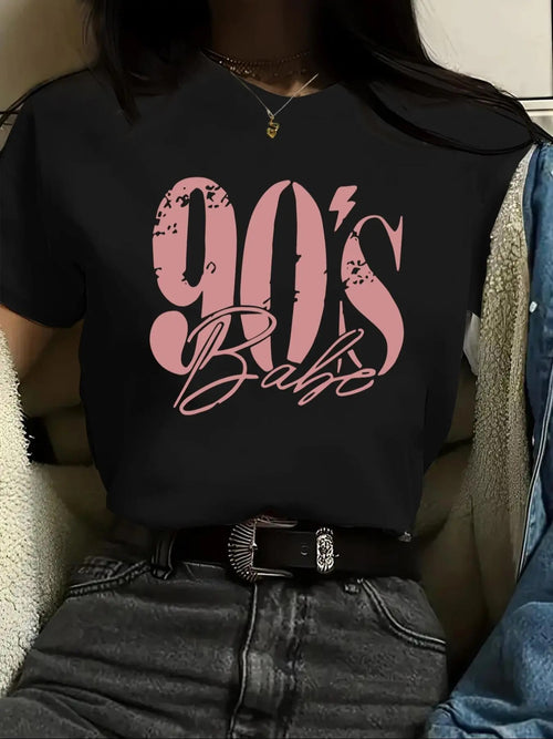 Women's " 90's Babe " Letter Print Round Neck Graphic Tee, Vintage Trendy Casual Drop Shoulder Half Sleeve T-shirt for...