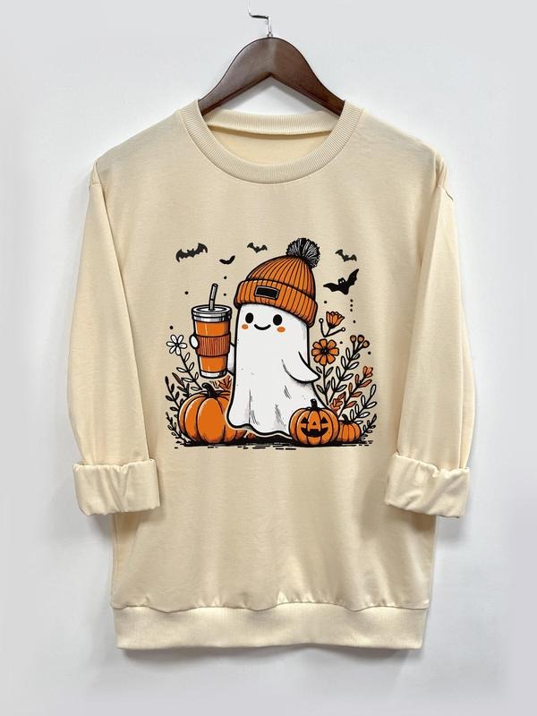 Women's   Cartoon Ghost Print Drop Shoulder Pullover, Casual Long Sleeve Round Neck Sweatshirt for Daily Wear, Ladies...