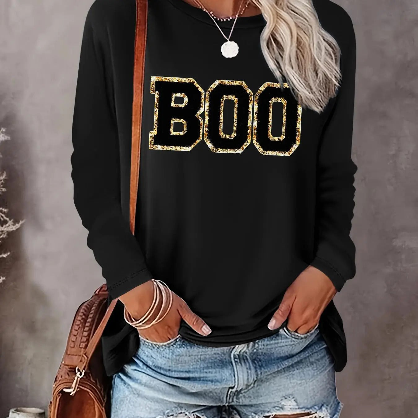 Women's "BOO" Letter Print Round Neck Tee, Casual Long Sleeve Crew Neck T-Shirt for Daily Wear, Ladies Clothes for All...