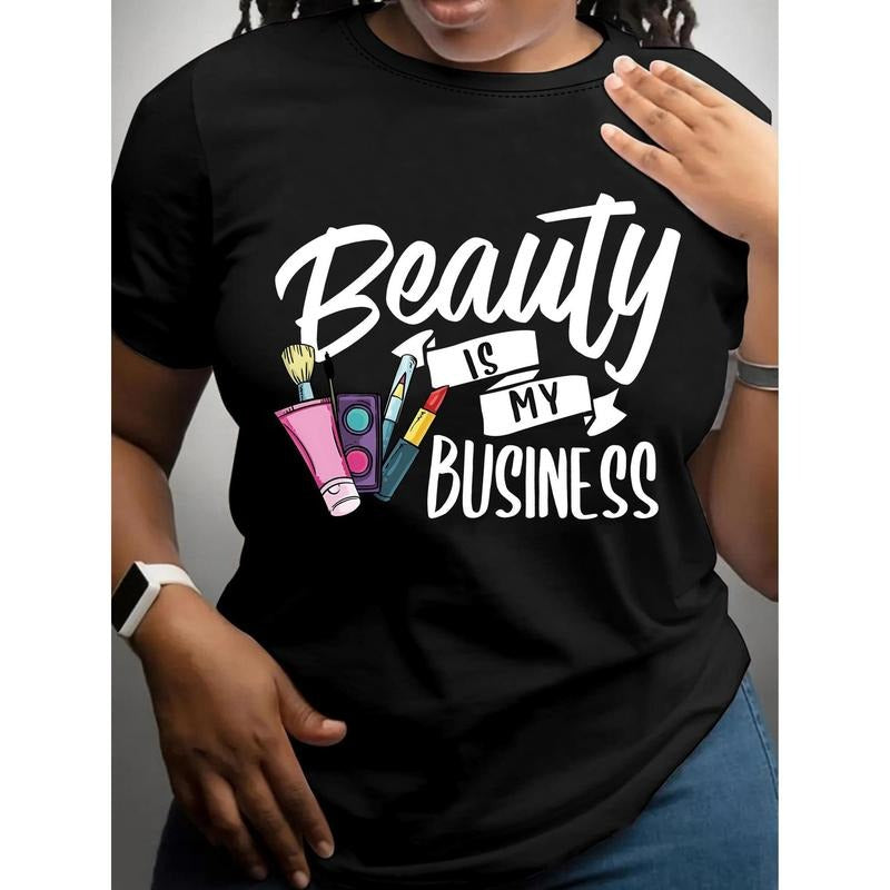 Women's "Beauty is My Business" Graphic Print T-Shirt - Soft Short-Sleeve Round-Neck Top, Black Casual Tee with Makeup &...