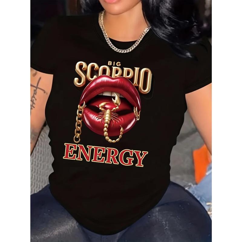 Women's "Big Scorpio Energy" Graphic Tee - Casual Black Crew Neck T-Shirt with Red Lips & Golden Chain Detail, Short...