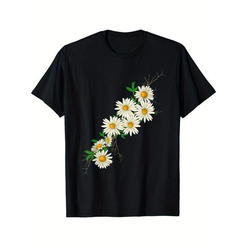 Women's  Black Botanical Daisy Print T-Shirt