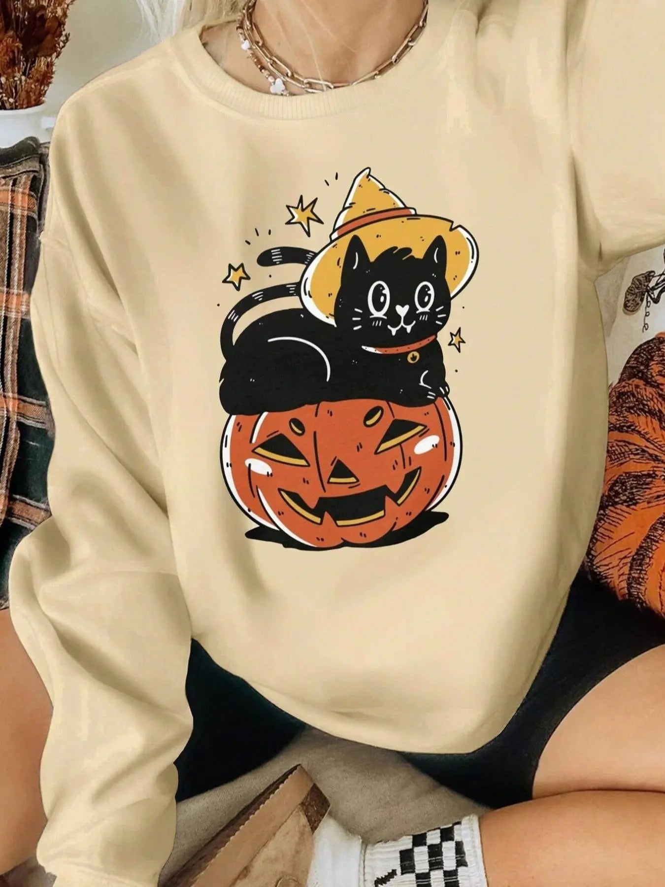 Cartoon Cat & Pumpkin Print Drop Shoulder Casual Long Sleeve Round Neck Daily Fall & Winter Clothes T-Shirts, Hoodie, Sweatshirt
