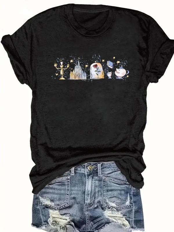 Women's  Cartoon Print Round Neck Graphic Tee, Vintage Trendy Casual Short Sleeve T-shirt for Daily Wear, Ladies All...