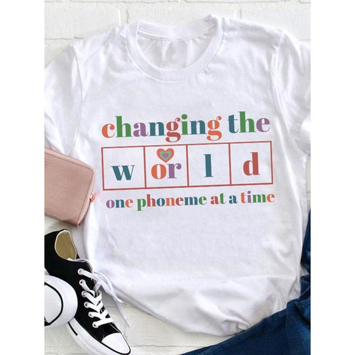 Women's "Changing the World One Phoneme at a Time" Graphic Tee - Casual Round Neck T-Shirt, Short Sleeve, Black with...