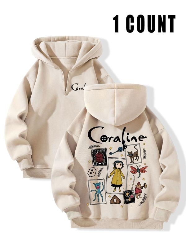 Women's "Coraline" Cartoon Graphic Half-Zip Hoodie - Oversized Fleece-Lined Casual Sweatshirt Shirt | PrintMintTees.com