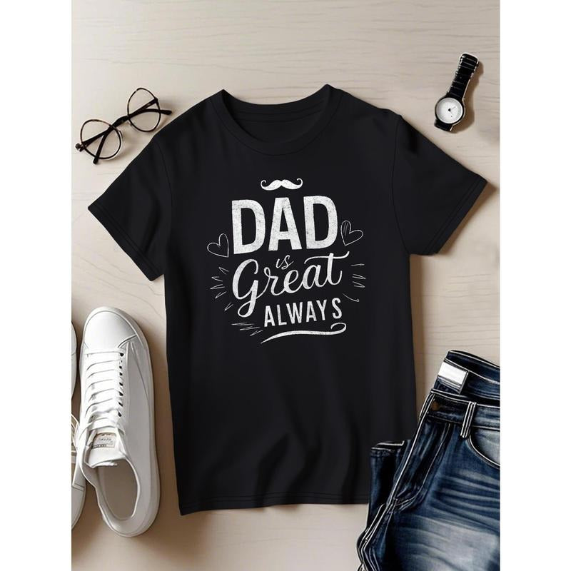 Women's "Dad is Great Always" Graphic T-Shirt - Vibrant Green Casual Short Sleeve Crew Neck Top with Mustache & Hearts...
