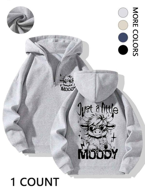 Women's "Just a Little Moody" Cow Graphic Half-Zip Hoodie - Oversized Fleece-Lined Sweatshirt with Multiple Colors Shirt