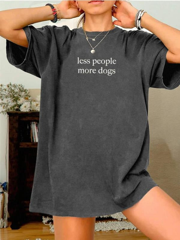 Women's "LESS PEOPLE MORE DOGS" Slogan Print Round Neck Tee, Vintage Trendy Casual Short Sleeve T-shirt for Daily Wear,...