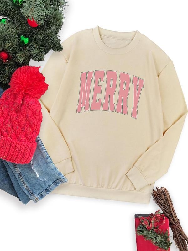 Women's "MERRY" Letter Print Drop Shoulder Sweatshirt, Casual Long Sleeve Round Neck Pullover for Fall & Winter, Ladies...