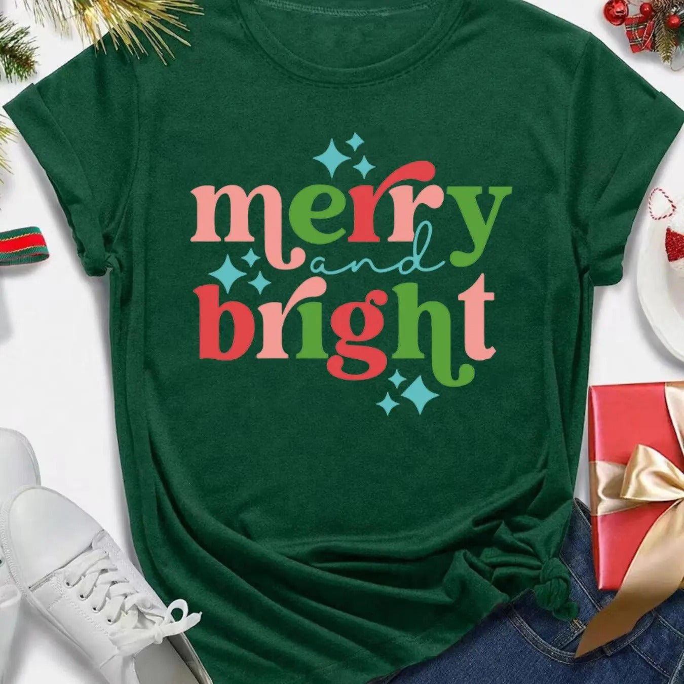 Women's "Merry Bright" Christmas Letter Print Round Neck Tee, Casual Short Sleeve Crew Neck T-Shirt for All Seasons,...