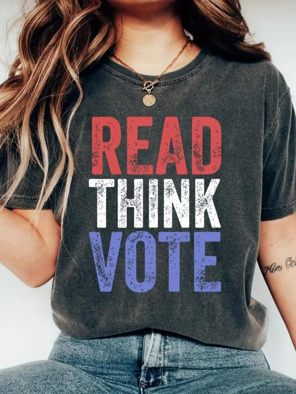 Women's "READ THINK VOTE" Print Round Neck Graphic Tee, Casual Short Sleeve T-shirt for Daily Wear, Ladies Clothes for...