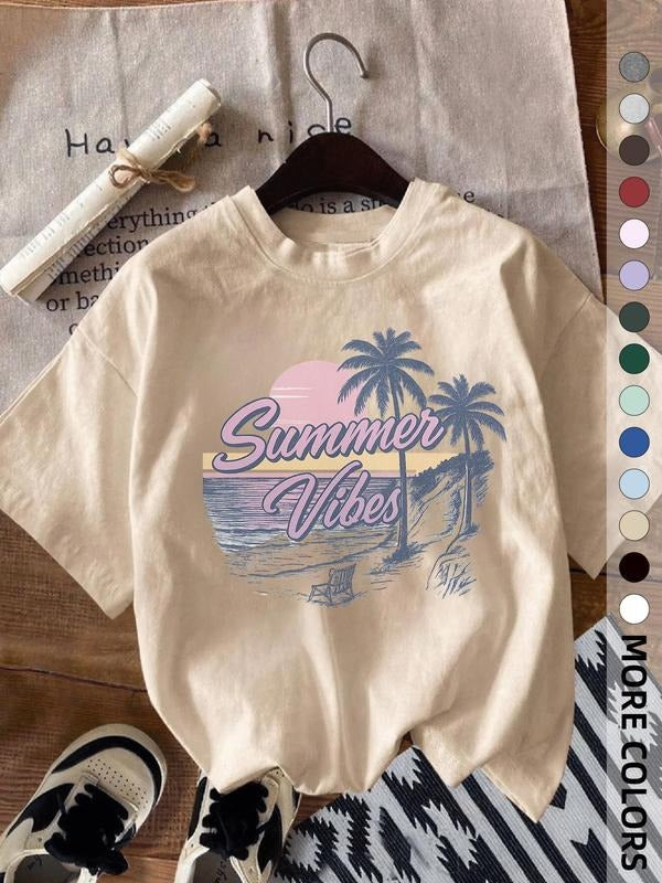 Women's "SUMMER VIBES" Print Round Neck Tee, Casual Short Sleeve Crew Neck T-shirt for Summer, Fashion Women's Top for...