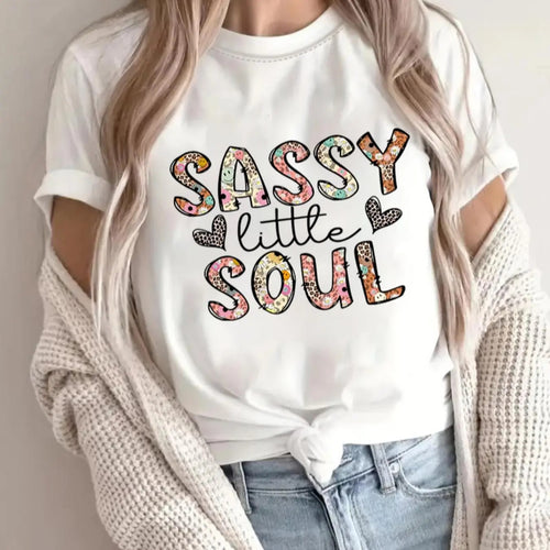 Women's "Sassy Little Soul" Letter Print Round Neck Tee, Fashion Casual Crew Neck T-shirt for Daily Holiday Vacation...