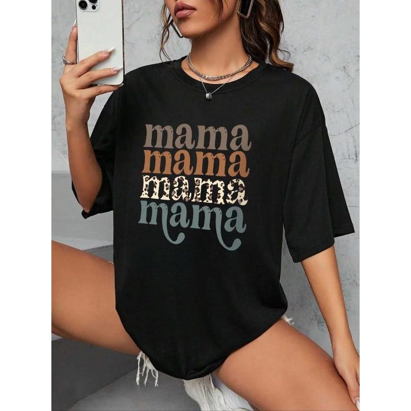 Women's "mama" Letter Print Round Neck Graphic Tee, Vintage Trendy Casual Drop Shoulder Half Sleeve T-shirt For Daily...