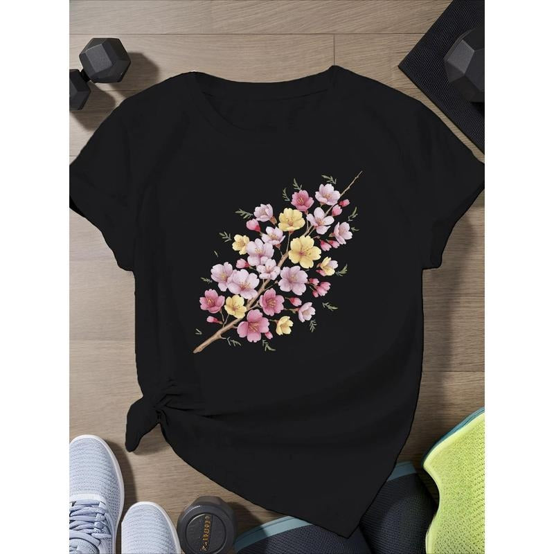 Women's 100% Cotton Cherry Blossom Print T-Shirt - Relaxed Fit Lightweight Breathable Short Sleeve Top for All-Season Casual Wear, Running & Outdoor Activities - Machine Washable Holiday Gift, Outdoor Activity Shirt | Floral Print Top | Breathable Cotton