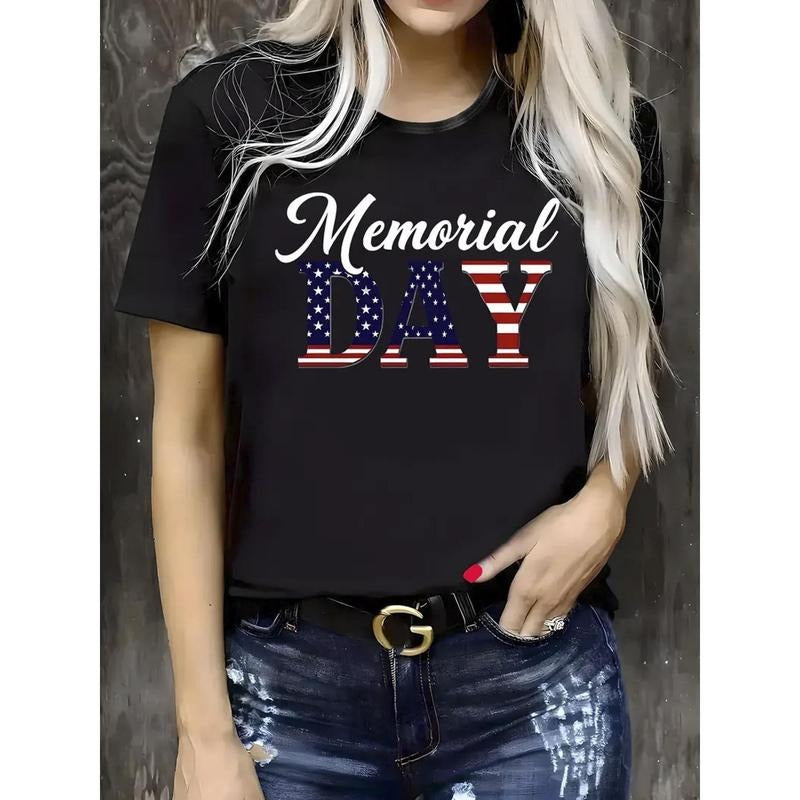Women's 100% Cotton Memorial Day T-Shirt - Patriotic American Flag & Stars Print, Breathable Round Neck Short Sleeve...
