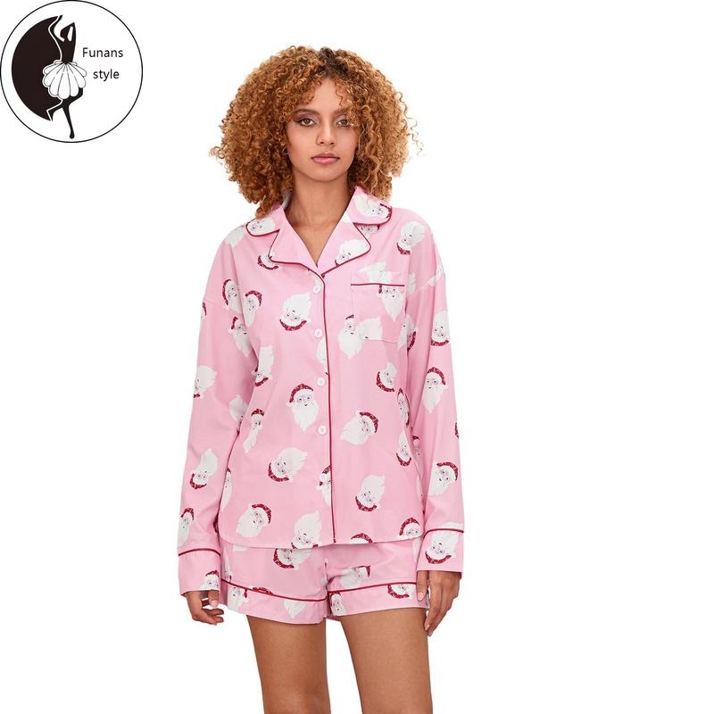 Women's 2 Piece Lounge Set Long Sleeve Santa Claus Print Shirt Shorts Sleepwear Sets Hoodie Sweatshirt | PrintMintTees.com