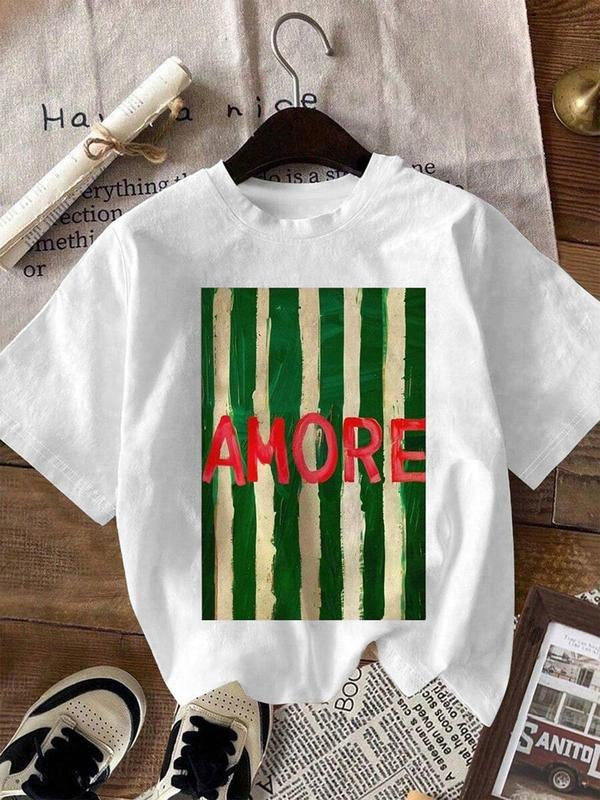 AMORE Print Round Neck Casual Crew Neck Daily Vacation Outdoor Clothes Summer Top T-Shirts, Hoodie, Sweatshirt