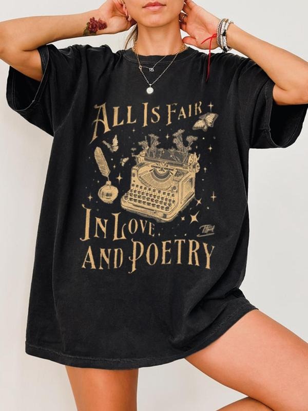 Women's All is Fair in Love and Poetry Print Round Neck Tee, Vintage Trendy Casual Short Sleeve T-shirt for Daily Wear,...