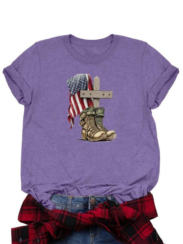 Women's American Flag & Boots Print Round Neck Tee, Casual Letter Graphic Short Sleeve T-Shirt for Daily Wear, Ladies...