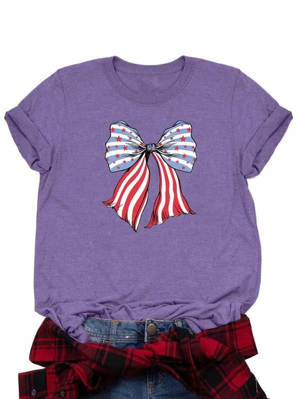 Women's American Flag & Bow Print Round Neck Tee, Casual Letter Graphic Short Sleeve T-Shirt for Daily Wear, Ladies...