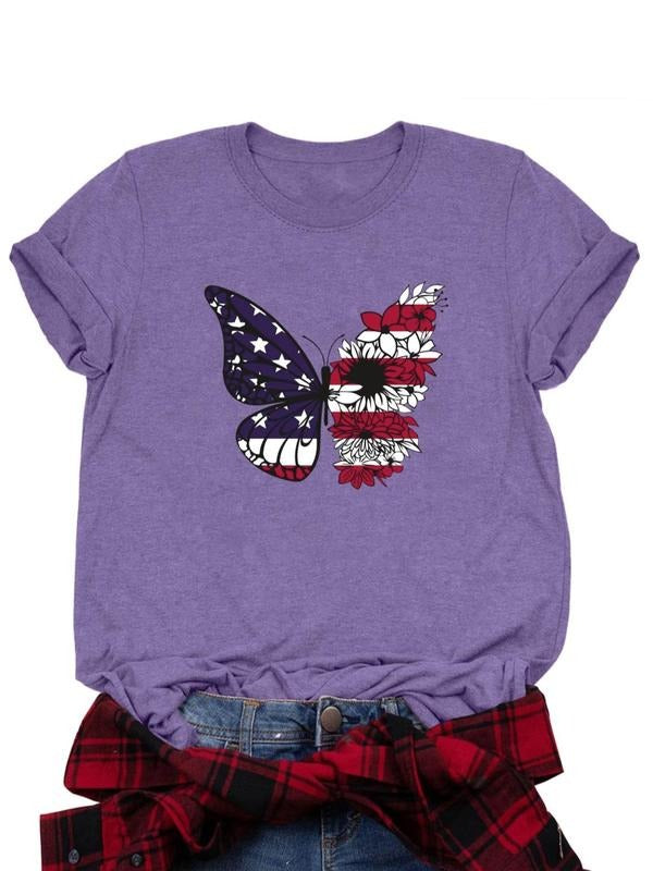 Women's American Flag & Butterfly Print Round Neck Tee, Casual Letter Graphic Short Sleeve T-shirt for Daily Wear, Ladies...