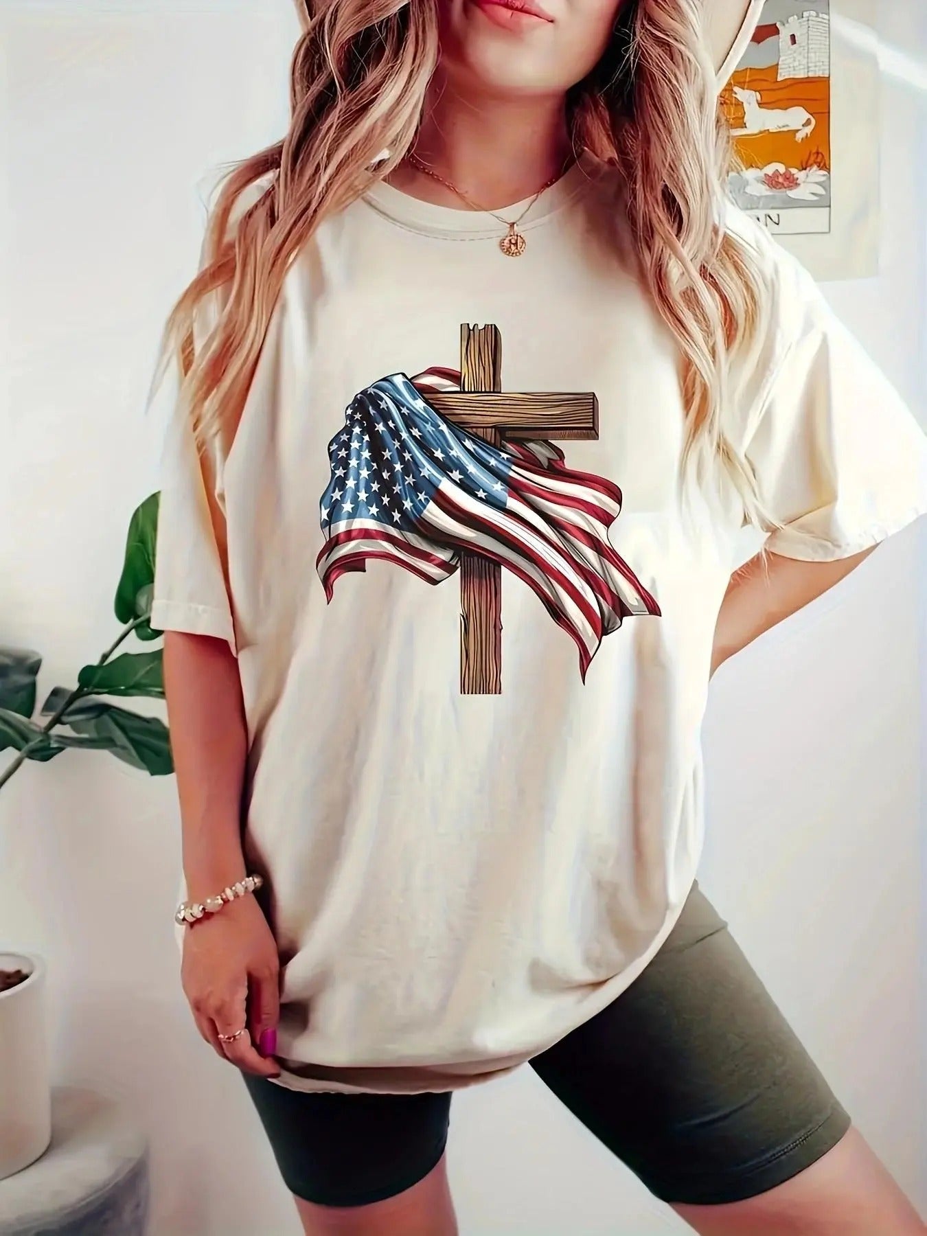 Women's American Flag & Cross Print Drop Shoulder Tee, Casual Half Sleeve Round Neck T-shirt for Summer, Women's Top for...