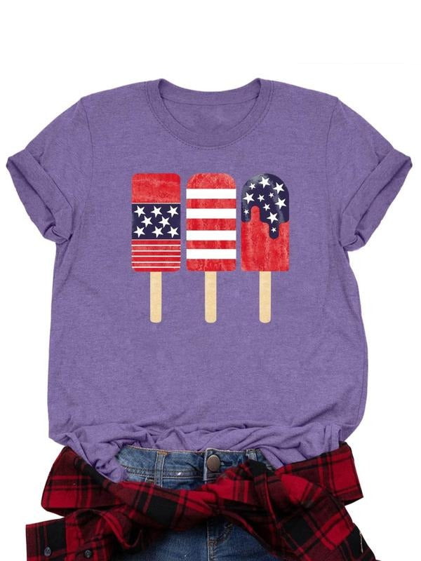 Women's American Flag & Ice Cream Print Round Neck Tee, Casual Letter Graphic Short Sleeve T-Shirt for Daily Wear, Ladies...