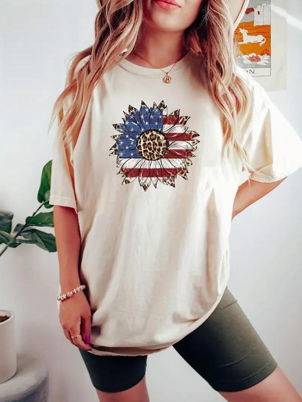 Women's American Flag & Leopard Print Round Neck Tee, Fashion Casual Crew Neck T-Shirt for Daily Holiday Vacation Outdoor...