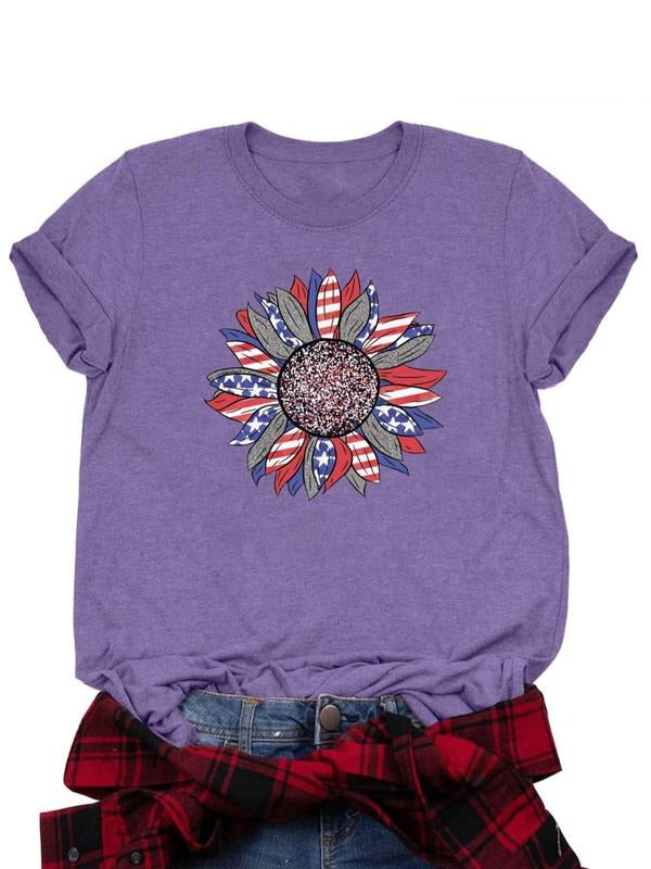 Women's American Flag & Letter Print Round Neck Tee, Casual Graphic Short Sleeve T-Shirt for Daily Wear, Ladies Clothes...