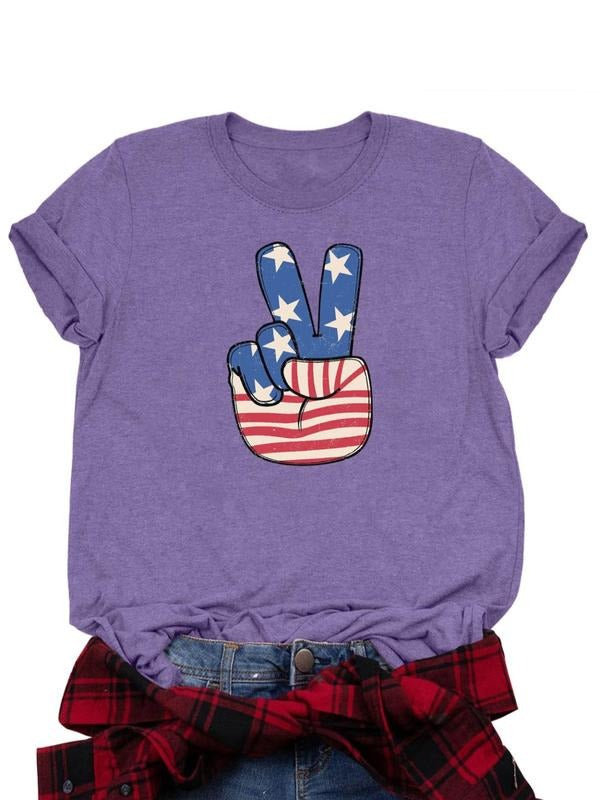 Women's American Flag & Letter Print Round Neck Tee, Casual Short Sleeve Crew Neck T-shirt for Daily Wear, Ladies Clothes...