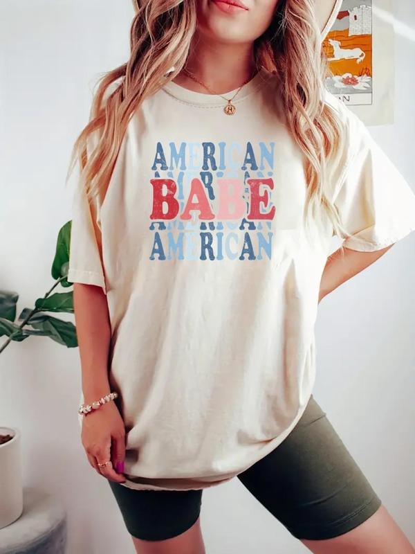 Women's American Flag & Letter Print Round Neck Tee, Casual Short Sleeve Crew Neck T-shirt for Daily Wear, Ladies Clothes...