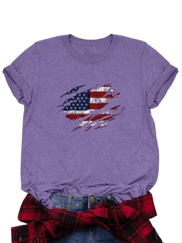 Women's American Flag & Letter Print Round Neck Tee, Casual Short Sleeve Crew Neck T-shirt for Daily Wear, Ladies Clothes...