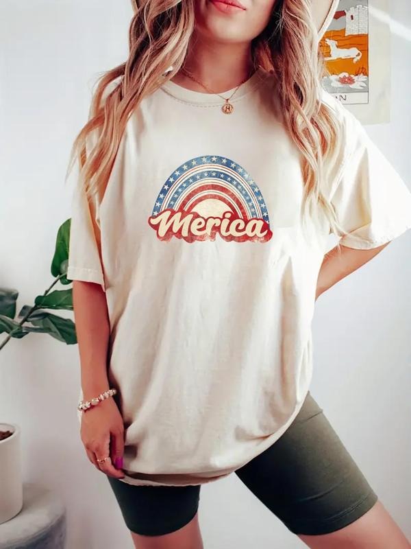 Women's American Flag & Letter Print Round Neck Tee, Casual Short Sleeve Crew Neck T-shirt for Daily Wear, Ladies Clothes...