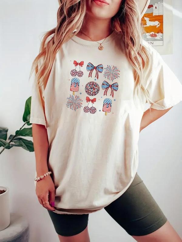 Women's American Flag & Letter Print Round Neck Tee, Casual Short Sleeve T-shirt for Daily Wear, Ladies Clothes for All...