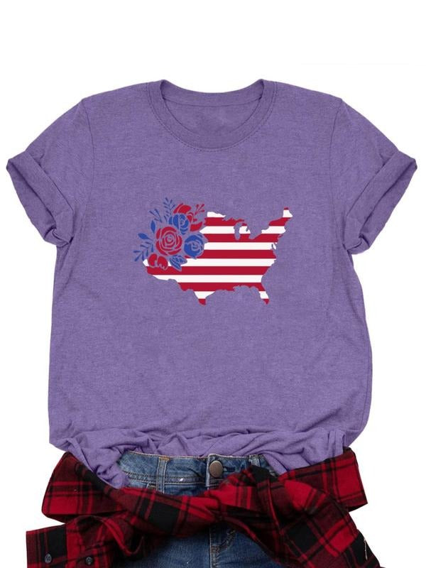 Women's American Flag & Letter Print Round Neck Tee, Casual Short Sleeve T-shirt for Daily Wear, Ladies Clothes for All...