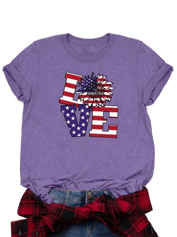 Women's American Flag & Letter Print Round Neck Tee, Casual Short Sleeve T-shirt for Daily Wear, Ladies Clothes for All...